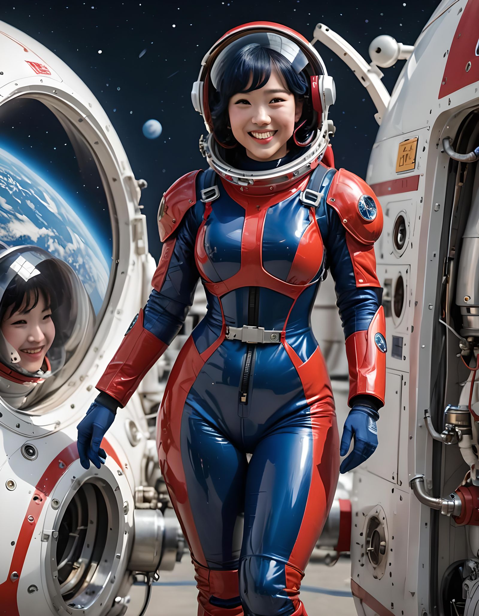 Chinese Astronaut on Spacewalk in Red Spacesuit