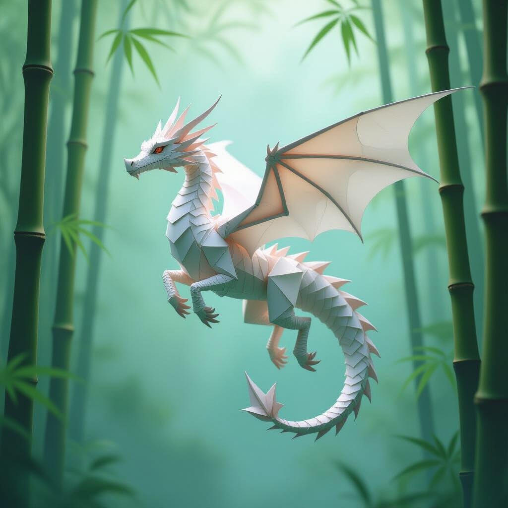 Origami Dragon Soaring Through Misty Bamboo Forest