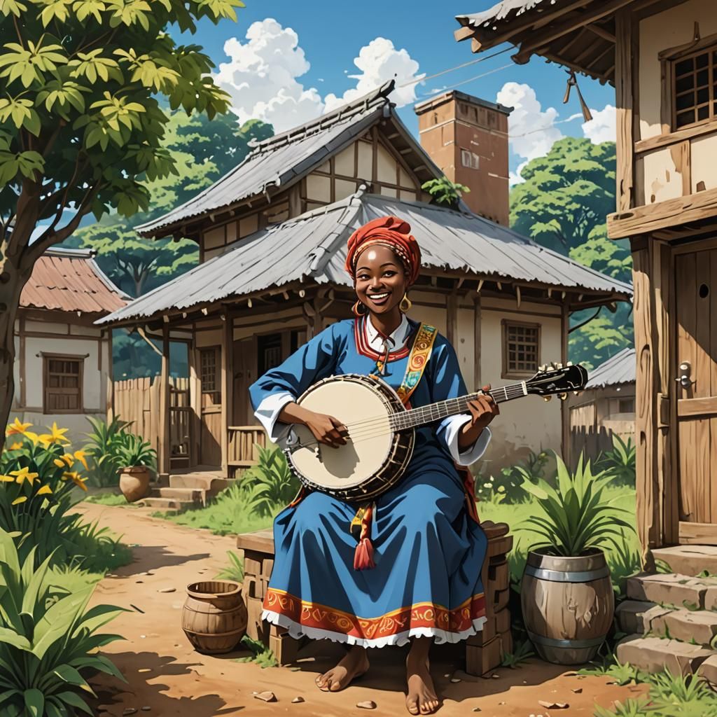 Cameroonian Woman Plays Banjo in Anime Style
