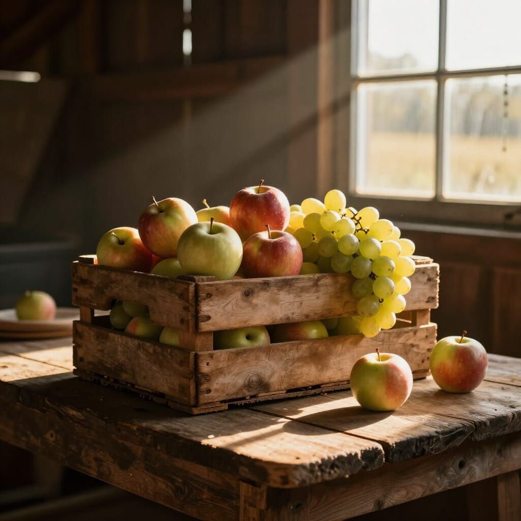 Sunlit Fruit Crate on Farm Table in Dramatic Light
