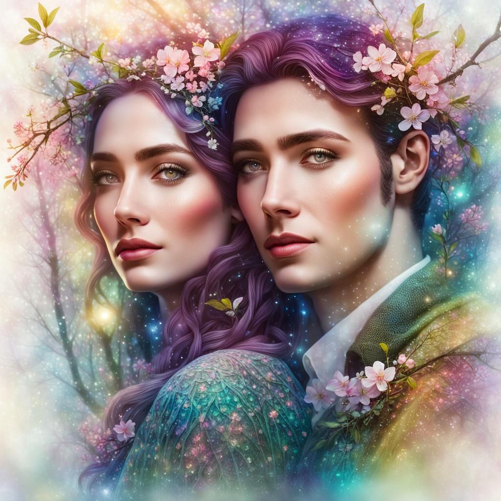 colorful Pencil sketch of A beautiful young couple in a myst...