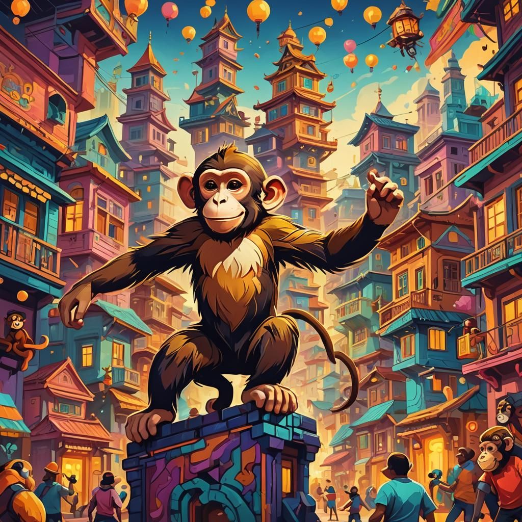 Monkey Dancing in Town: Vibrant Digital Art