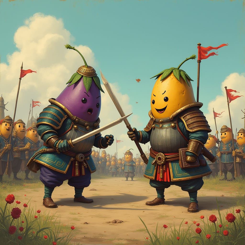 Potatoes vs Eggplants: Whimsical Medieval-Samurai Battle