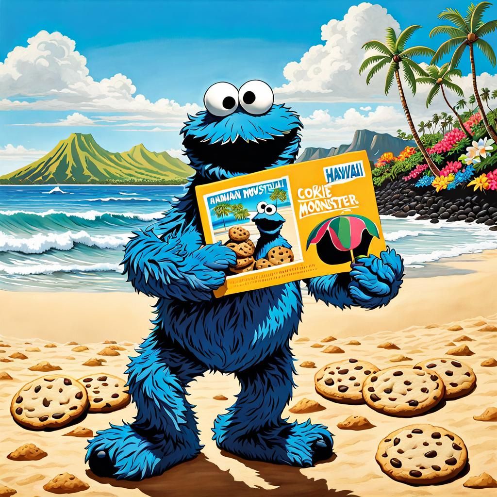 Cookie Monster's Whimsical Vacation in Cartoon Realism