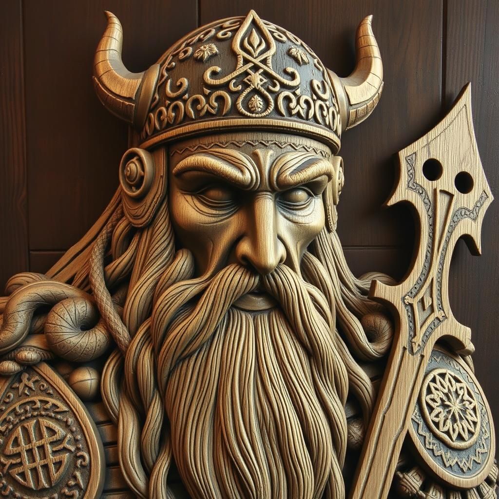 Detailed Wooden Viking Warrior Portrait as Oil Painting