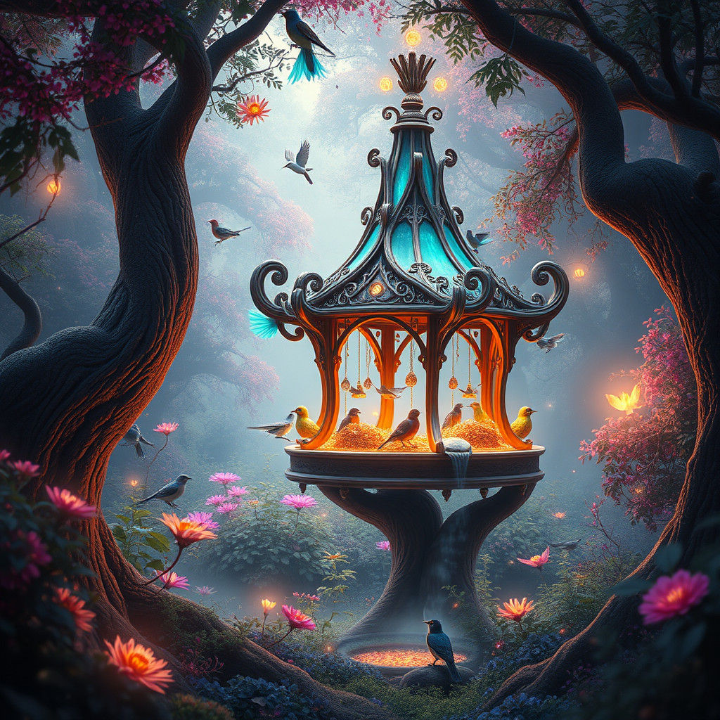 Mystical Bird Feeding Station in Iridescent Forest
