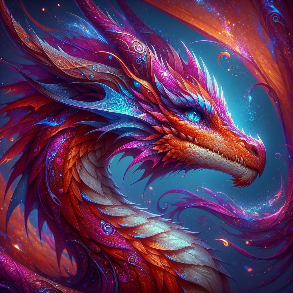Majestic Orange Dragon with Blue Eyes, Fantasy Concept Art