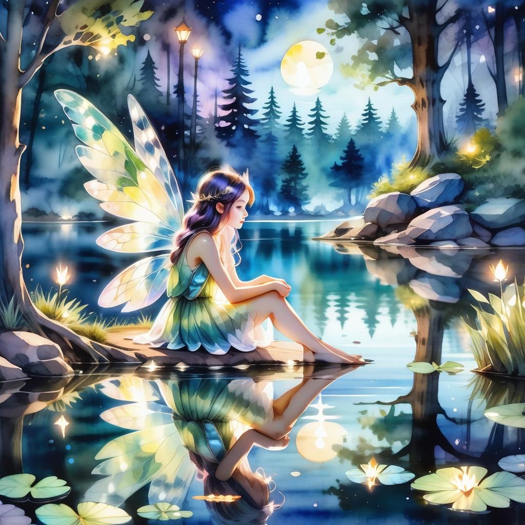 Whimsical Fairy Girl's Reflection: Watercolor Painting