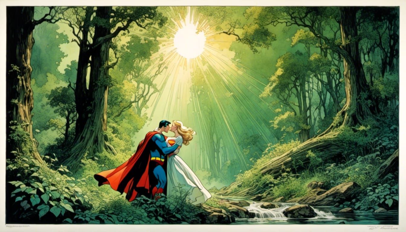 Superman kissing a blonde Lois Lane in the a green forest clearing. A shaft of sunlight illuminates them