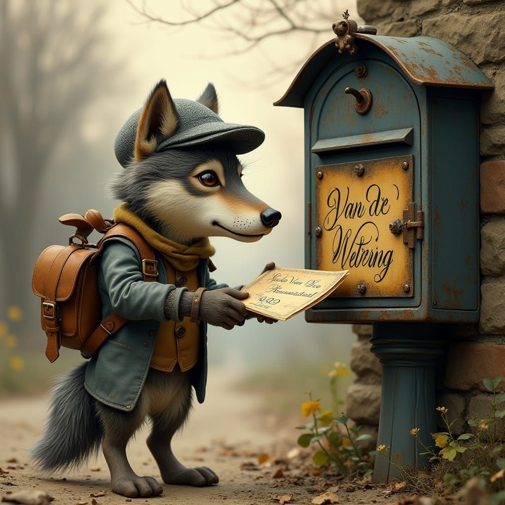 Wolf Postman Delivering Letter, Storybook Illustration
