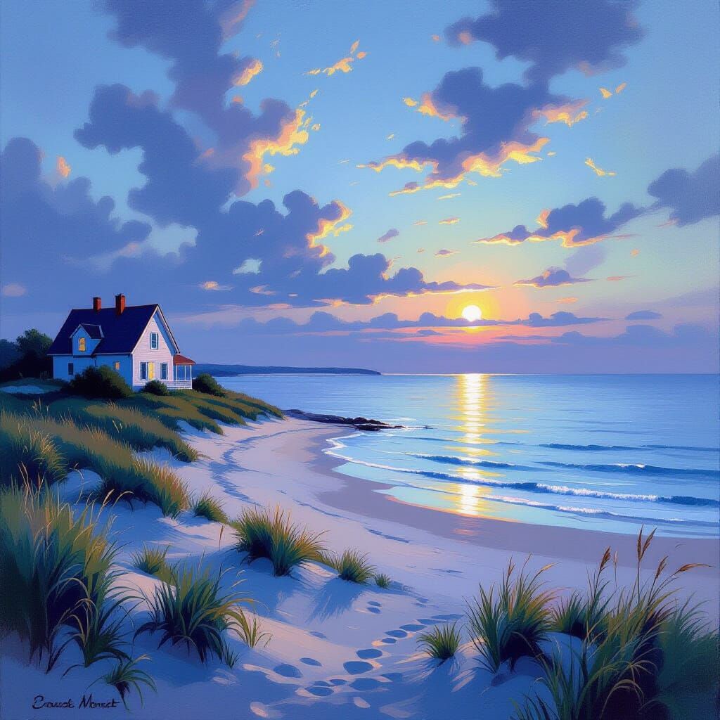 Twilight Sunrise Over Cozy Dunes and Beach House