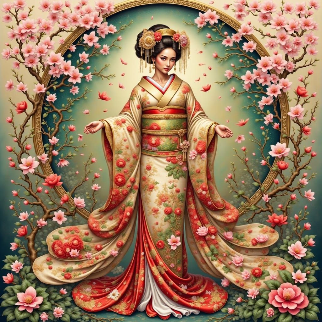 Geisha in Ornate Kimono with Cherry Blossoms