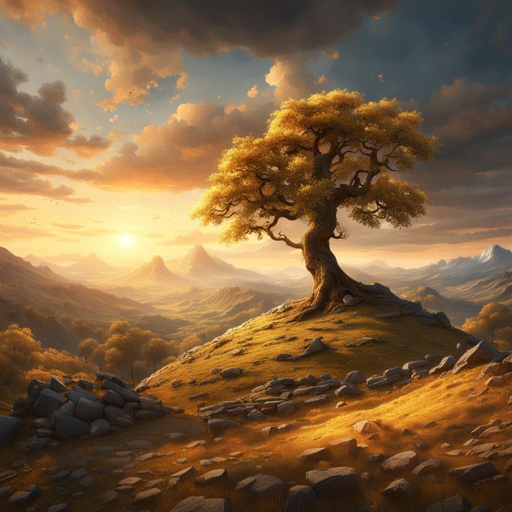 Lonely Tree in Mountain Landscape, Constable Style