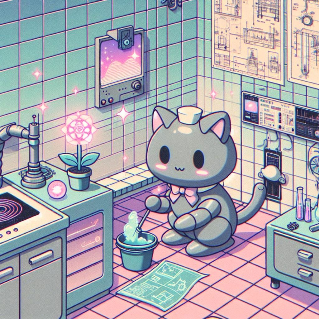 Cute Kitchen Cleaning Cat Cyborg