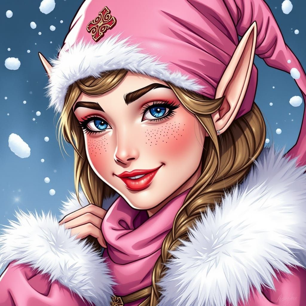 Elf in Pink Silk Outfit with Falling Snow