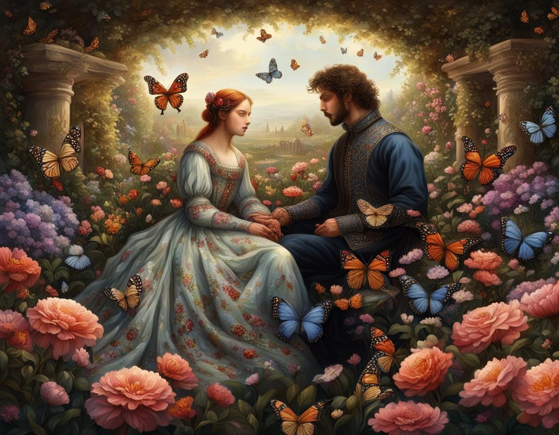 Romantic Renaissance Couple in Flower Garden