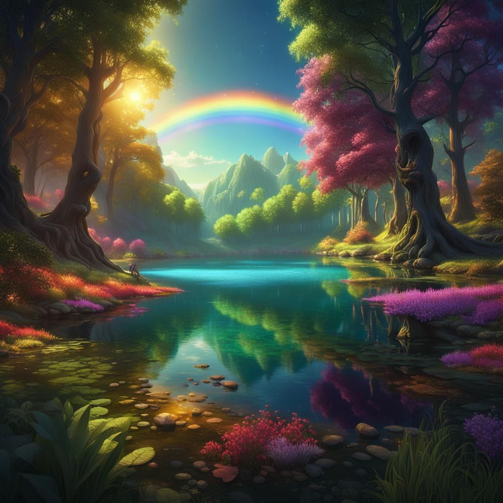 Rainbow Lake in Elf Forest: Fantasy Concept Art