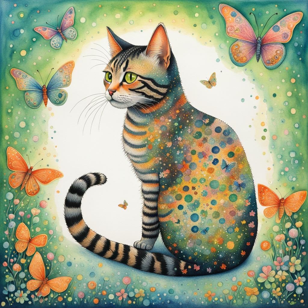 Pointillist Cat with Bioluminescent Eyes in Watercolor Style