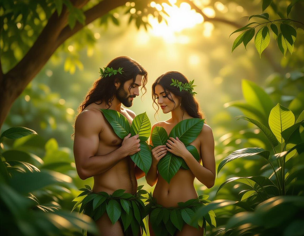 Adam and Eve Hide Nudity in Sun-Dappled Garden of Eden