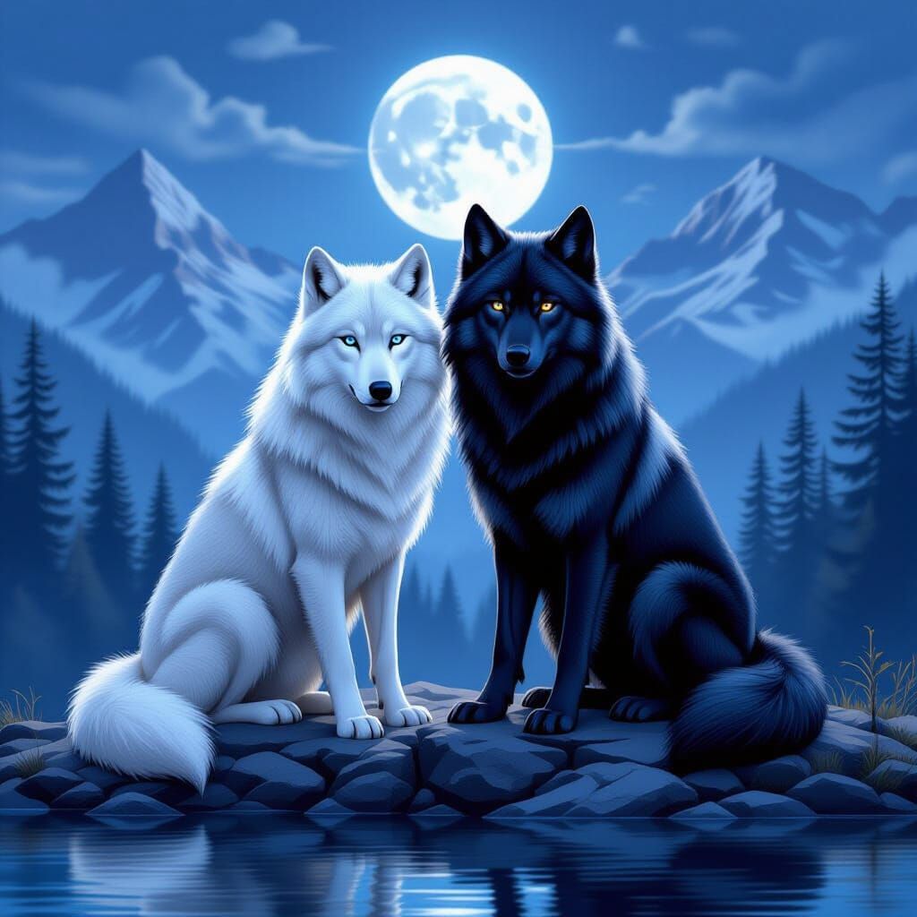 White and Black Wolves on Mountain Overlook