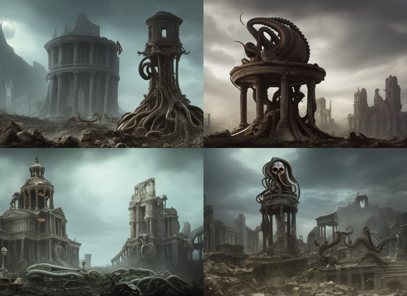 Tentacled Skull Overlooks Ruins: Epic Digital Matte Painting