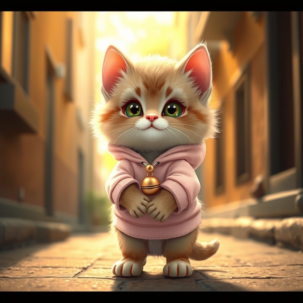 Kitten in Cozy Alleyway Wears Miniature Hoodie