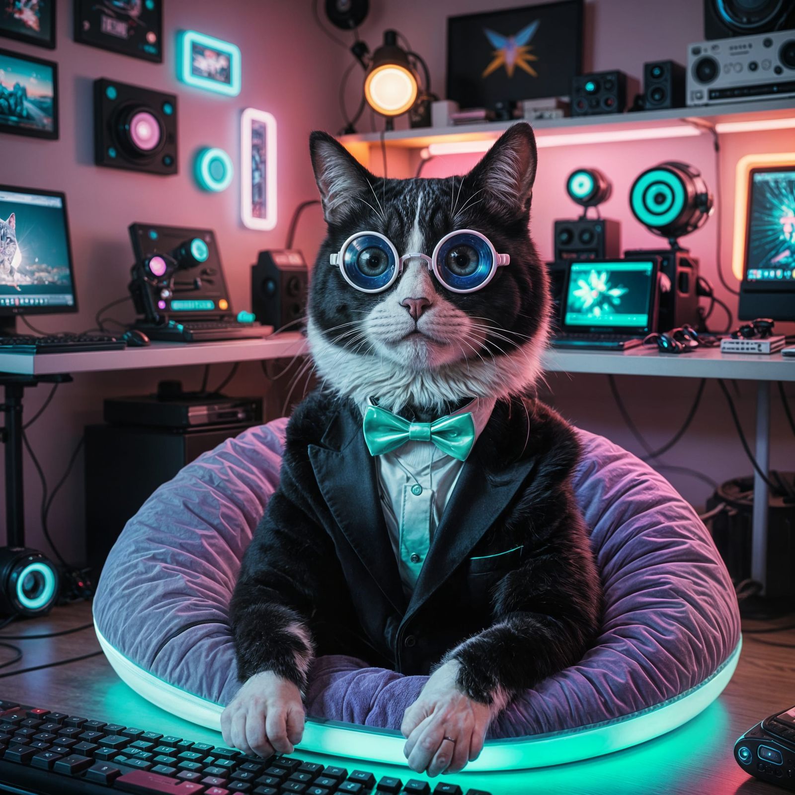 Gen Z Cat Streamer in Pastel-Neon Loft