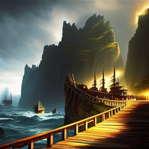 Epic Pirate Overlooking a Bay in Dark Fantasy Style