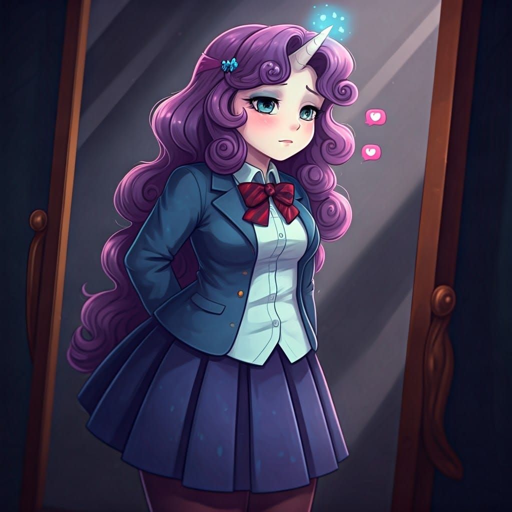 Bashful Girl Gazing in Mirror, Cinematic Lighting