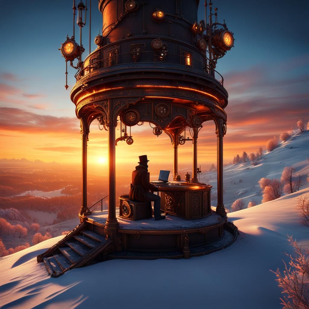 Steampunk World at Sunset: Detailed Matte Painting