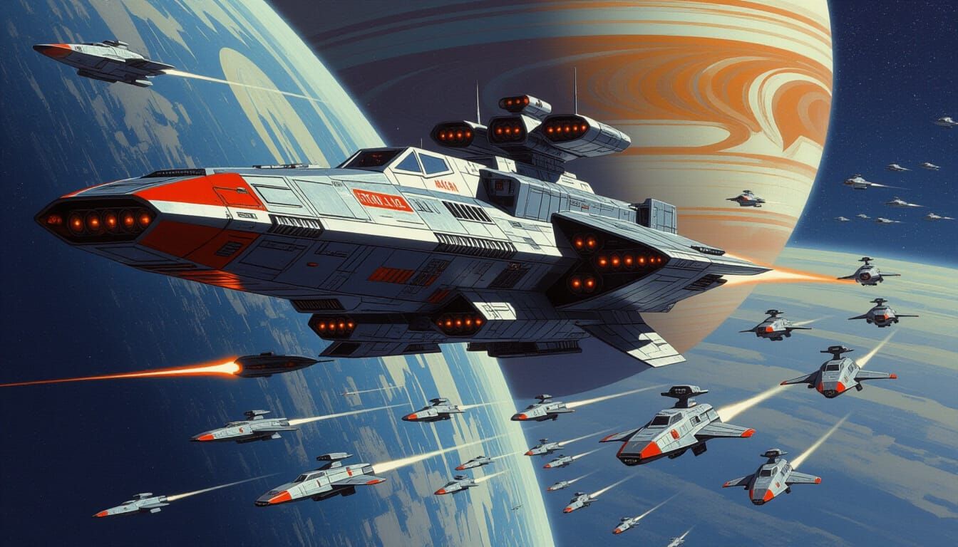 Futuristic Battleship Leads Fleet Through Solar System