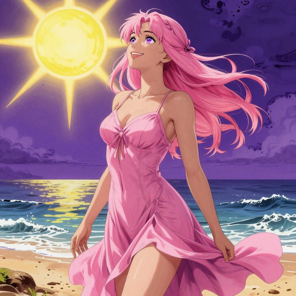 Pink Haired Woman in Summer Dress on Beach
