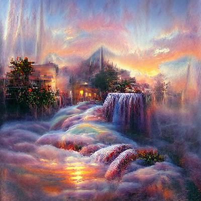 Ethereal Sunset Waterfall in Kinkade Style
