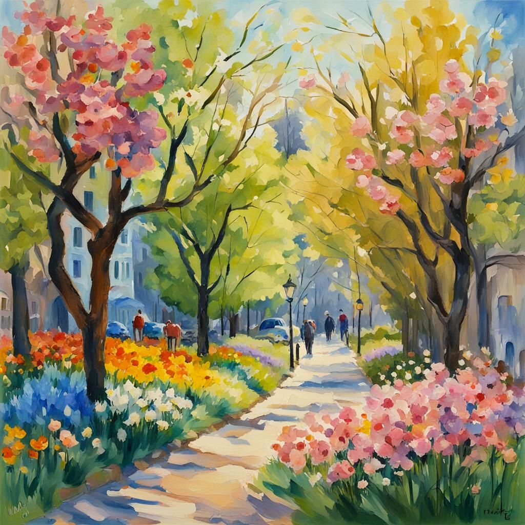 Spring Cityscape Watercolor Painting in Gouache Style
