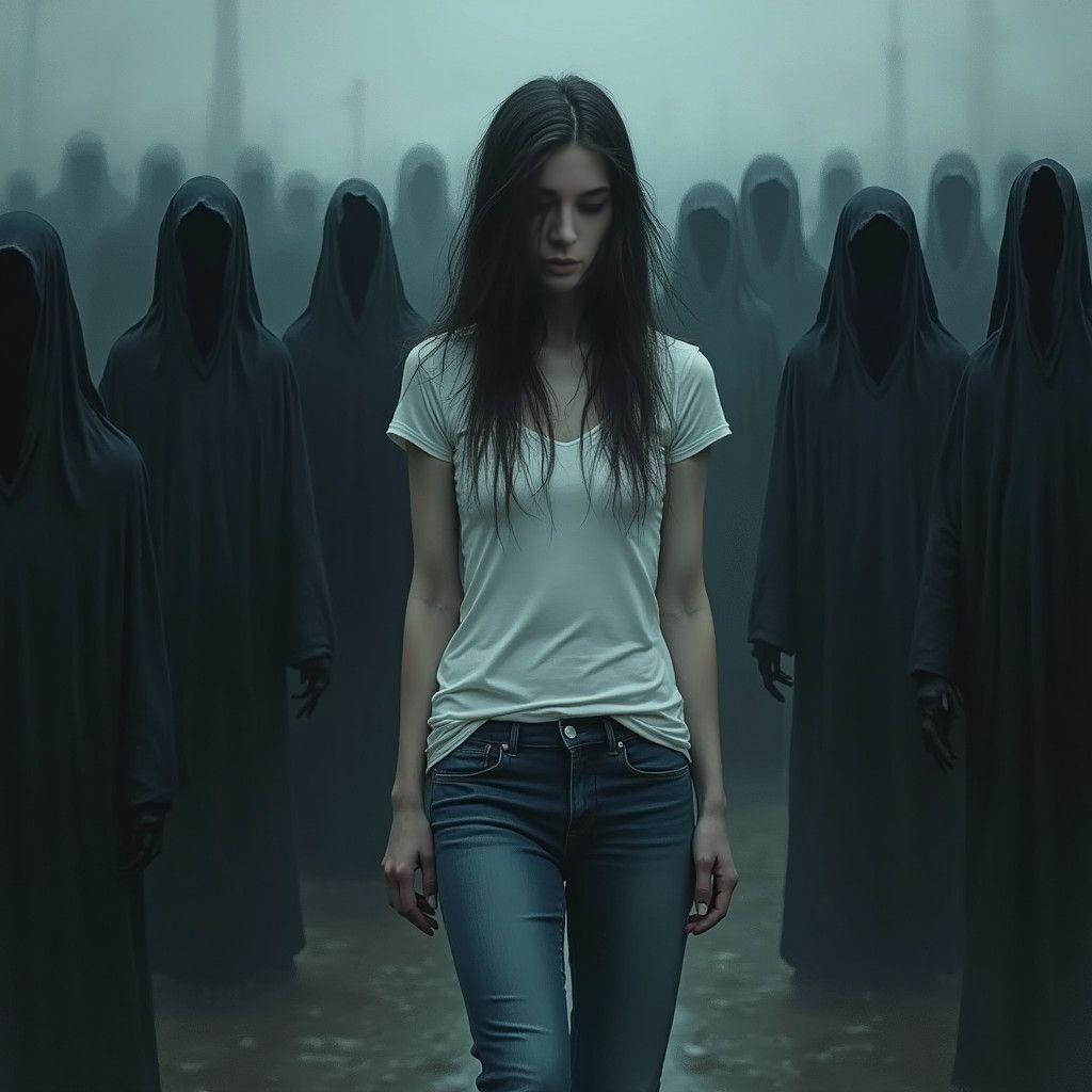 Woman Surrounded by Demons in Dark Blues