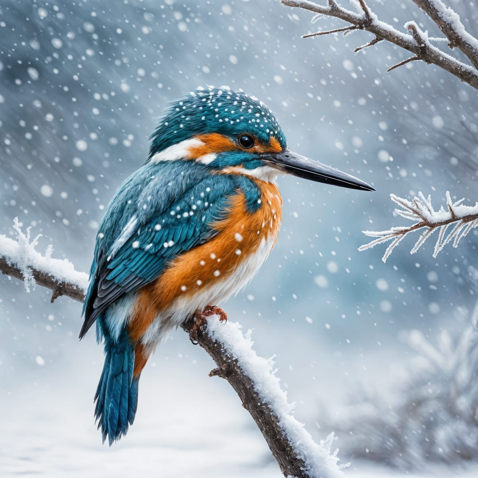 Fluffy Kingfisher on Frosty Branch in Winter Light
