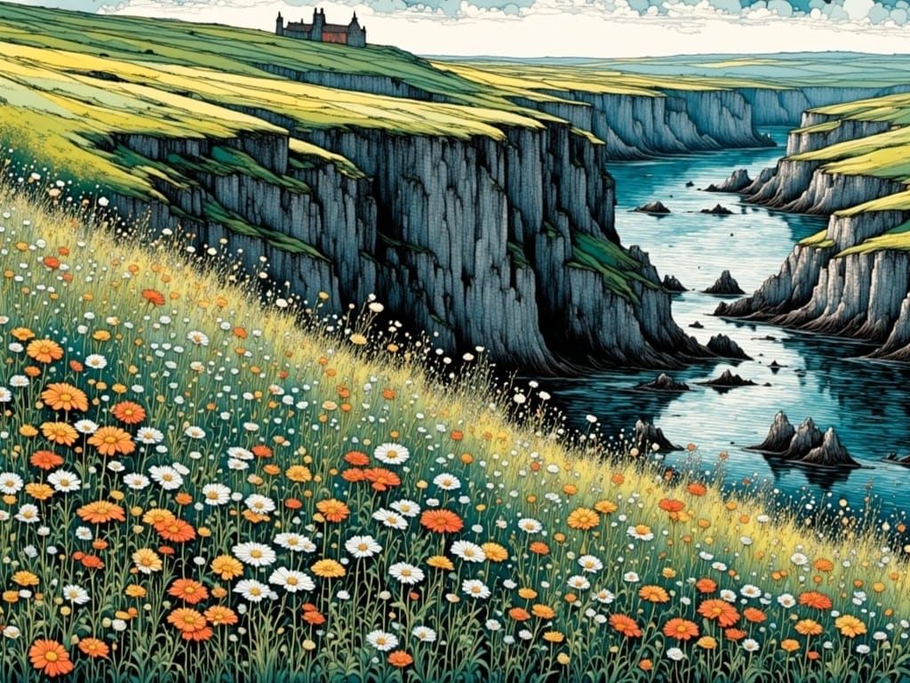 Vibrant Umbelliferous Plants on Cliffside in Whimsical Linoc...