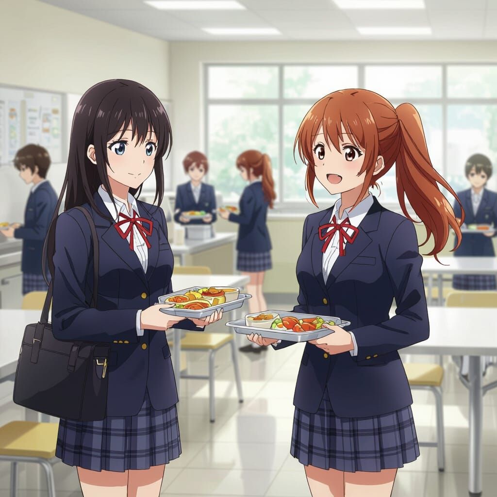 Anime Style High School Cafeteria Lunch Scene