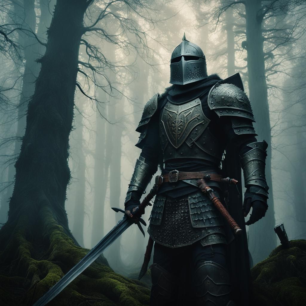 Erdtree Knight in Misty Forest, Dark Fantasy Illustration