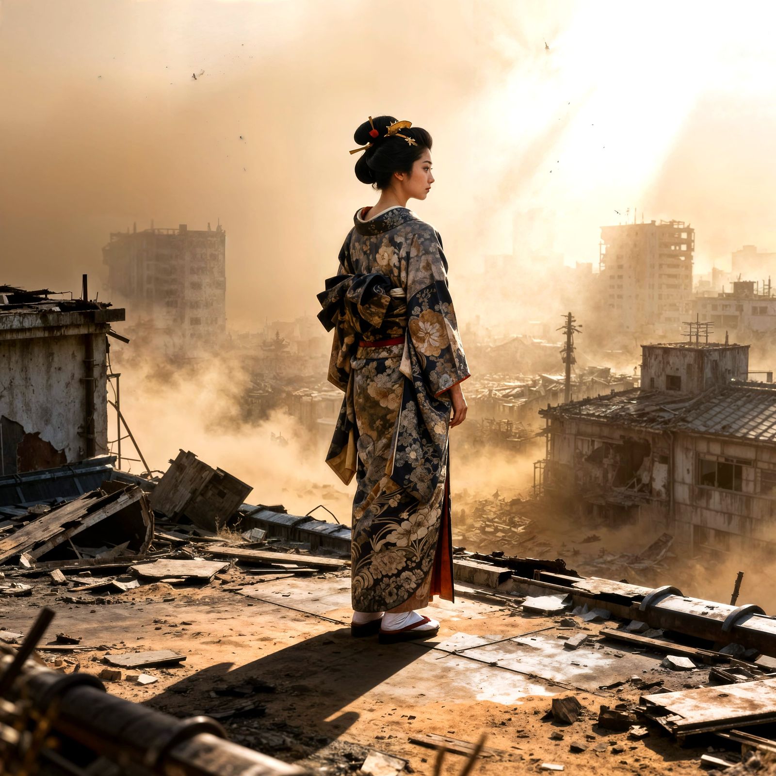 Geisha on Rooftop Overlooking Post-Apocalyptic Cityscape