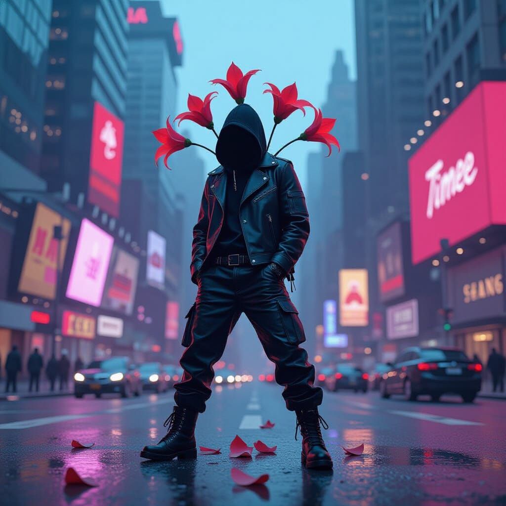 Surreal Blossoms in Gangsta Attire on Shattered Times Square