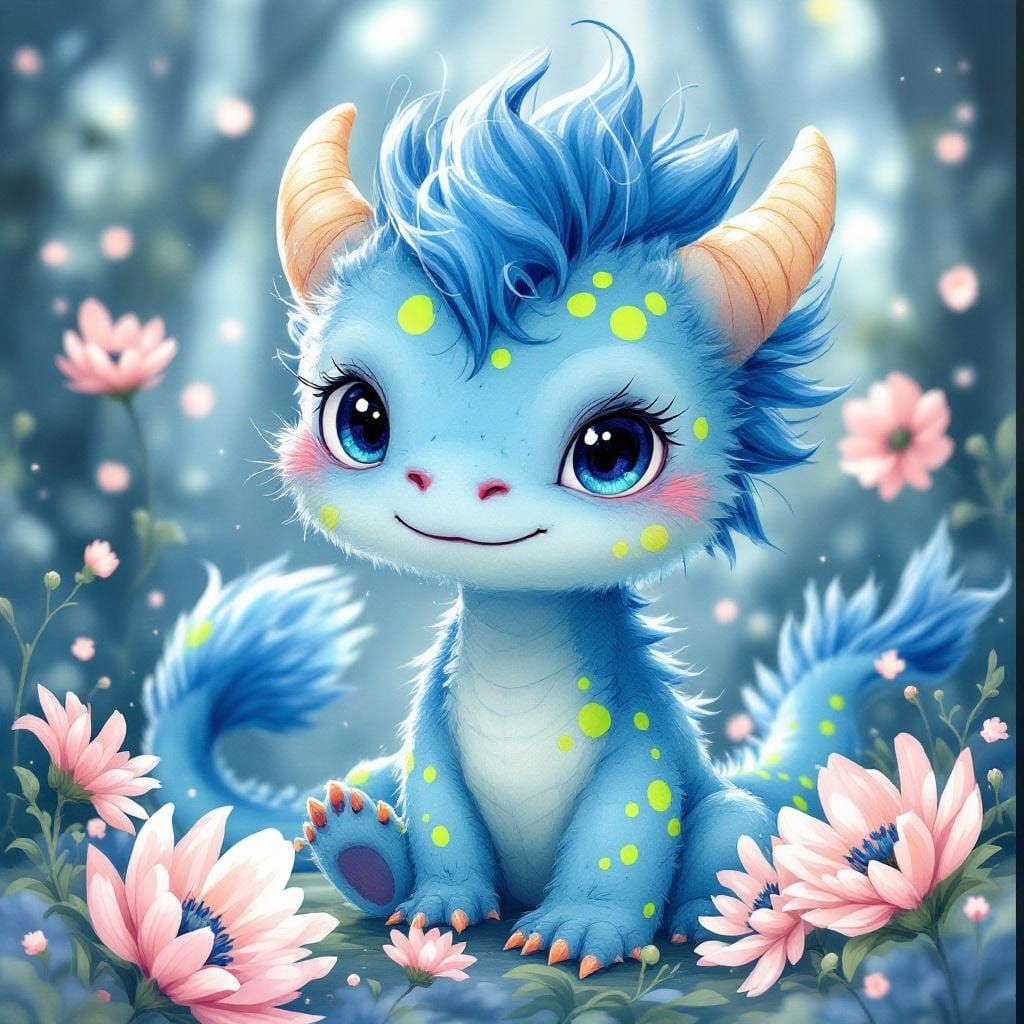 Whimsical Watercolor: Fluffy Blue Dragon in Pink Flowers
