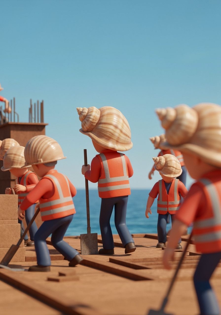Seashell Hard Hats on Seaside Construction Site