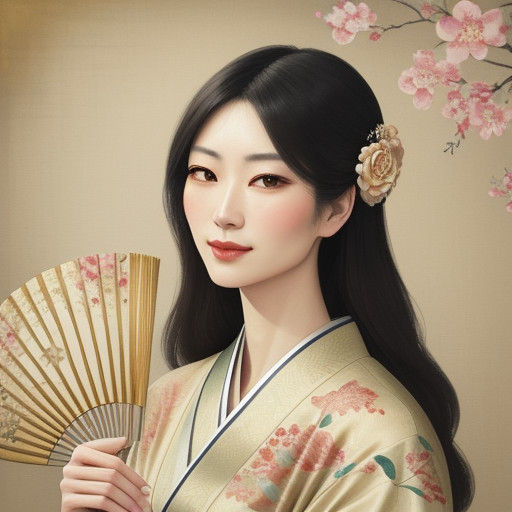 Delicate Oriental Fan Portrait in Whimsical Watercolor