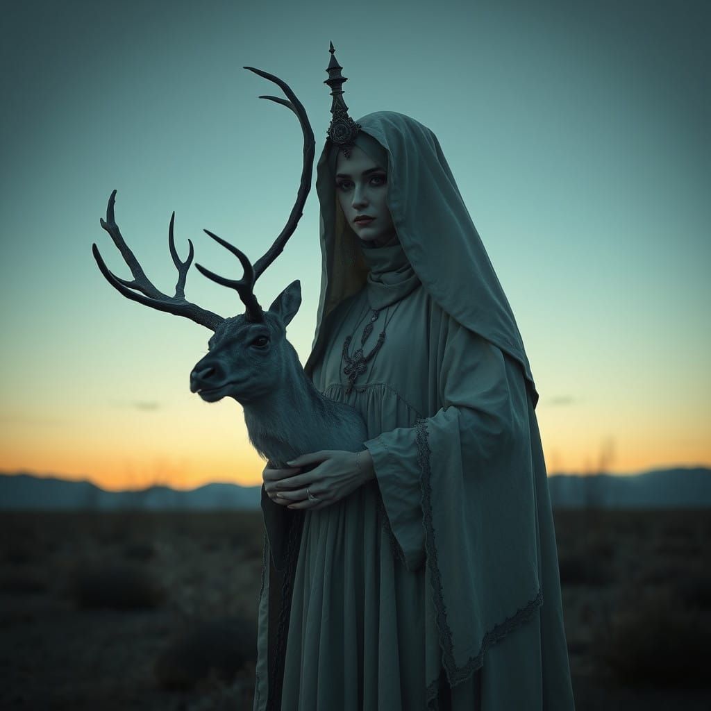 Cyberpunk Priestess in Desolate Asylum at Dusk