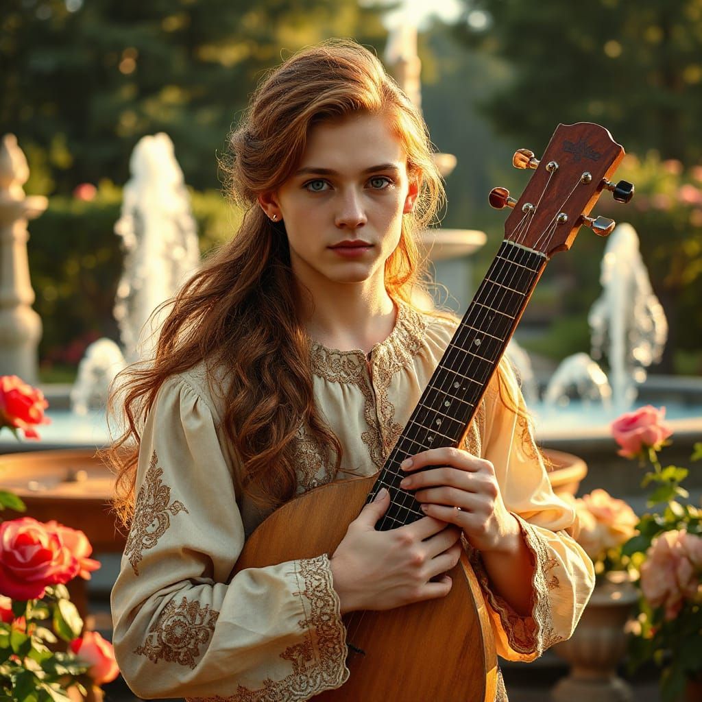 Auburn Haired Man with Lute in Lush Garden