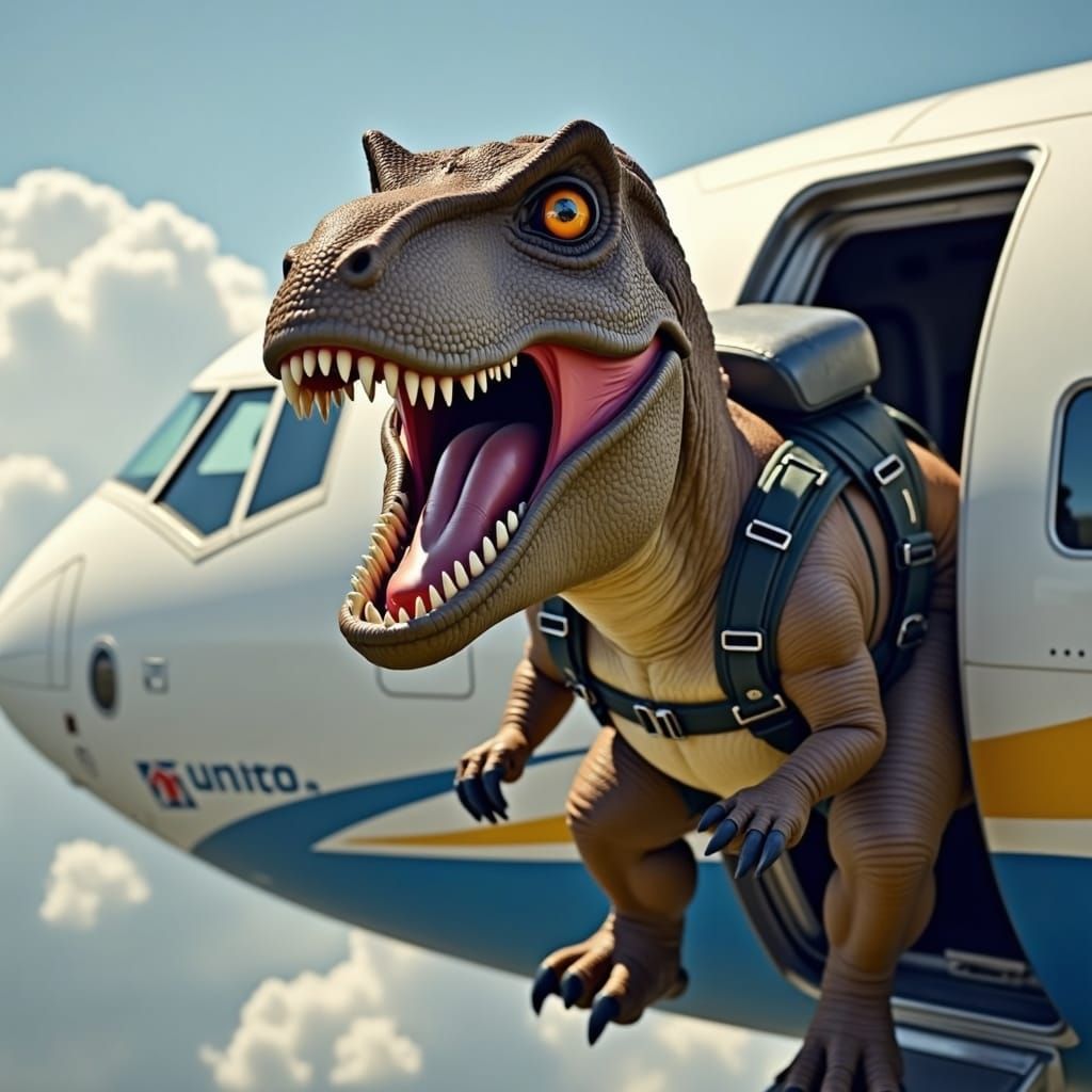 Tyrannosaurus Rex Jumps from Airplane with Parachute