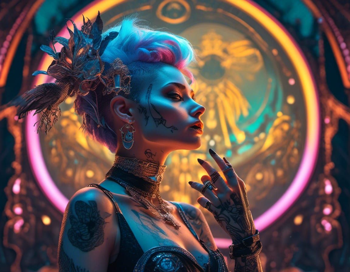 Gothic Punk Woman Portrait with Neon and Art Nouveau