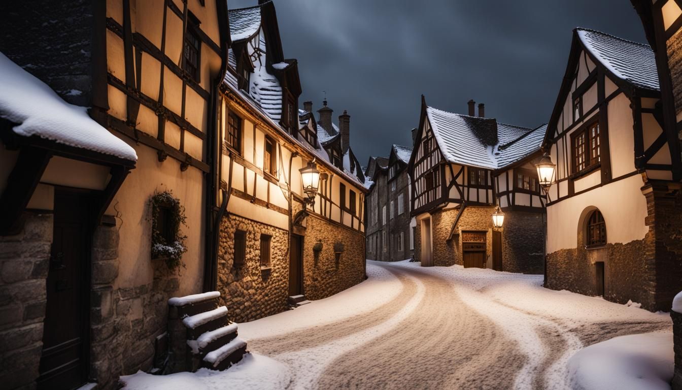 Snowy Medieval Street at Night in Hyper-Detailed Photo