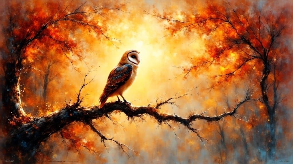 Barn Owl on Branch in Digital Watercolour